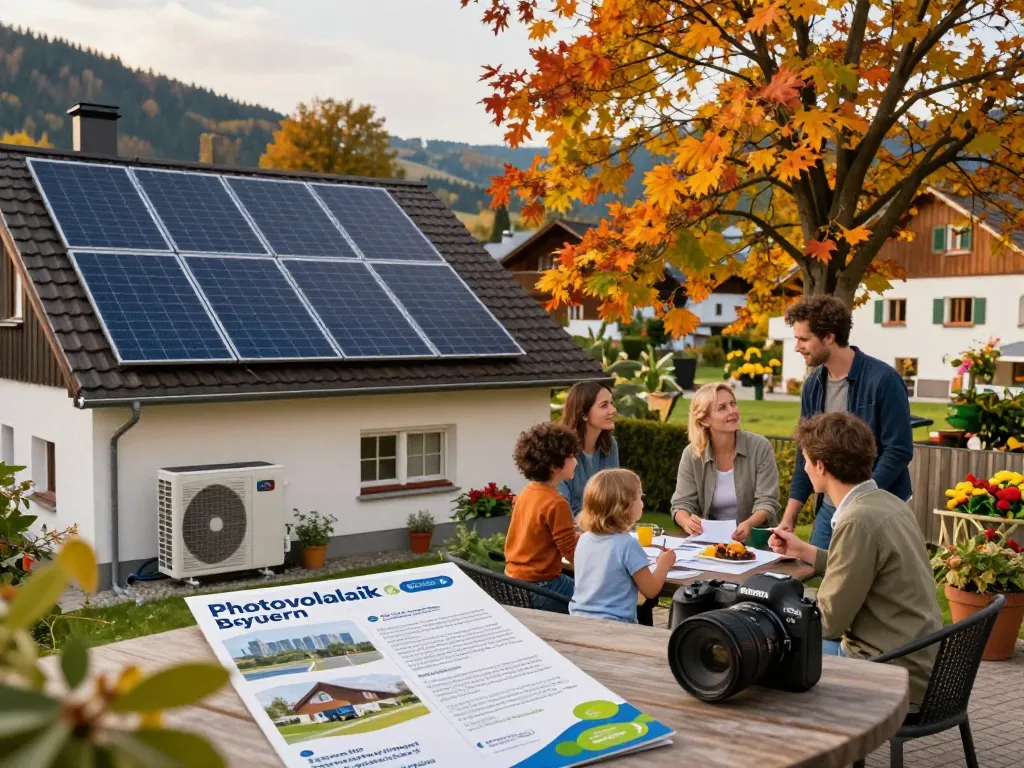 Familie diskutiert über die Photovoltaik Bayern Installation in einem malerischen bayerischen Garten.