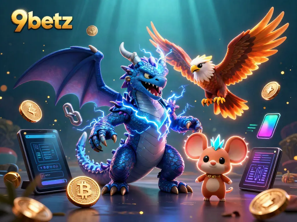 Engage with 9betz through a vibrant, dynamic 3D illustration featuring gaming icons and mythical characters.