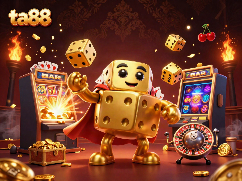 Experience the excitement of ta88 with golden dice and dynamic casino elements in a vibrant 3D scene.