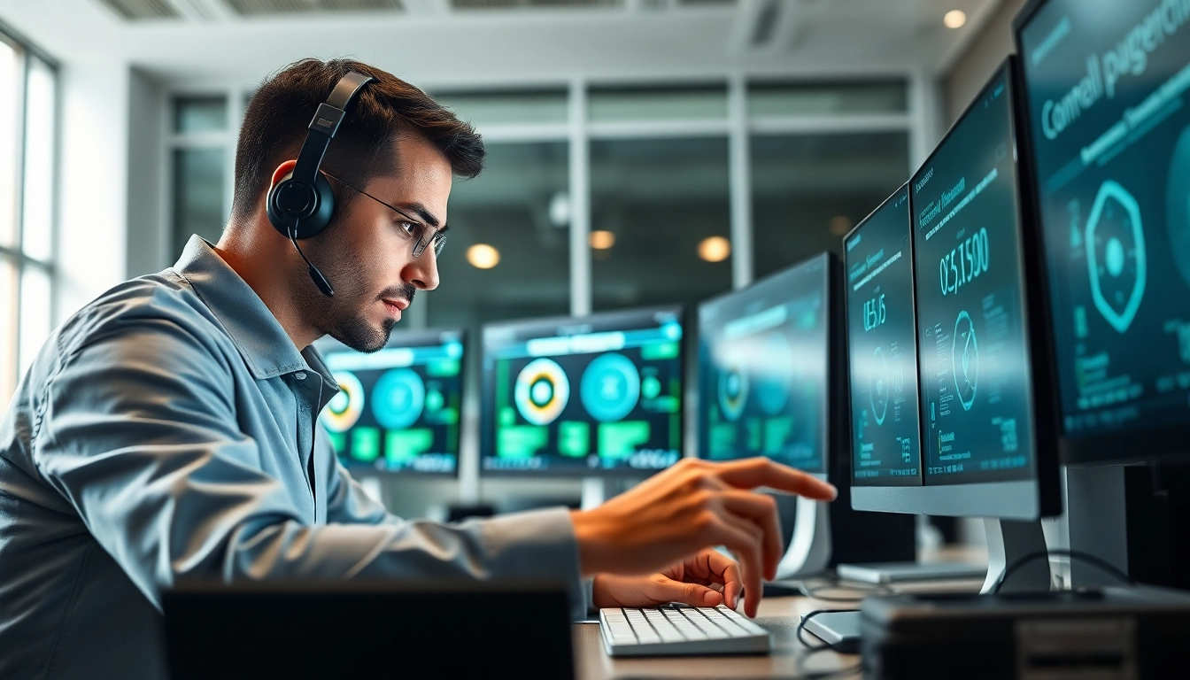 IT Support Techniker analysiert Computerprobleme in modernem Buero.