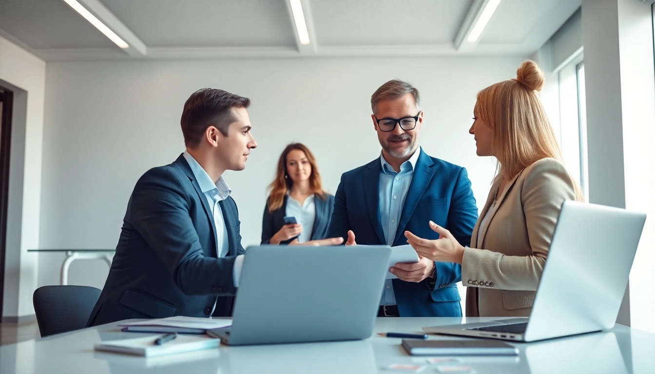 Headhunter IT consulting with clients in a modern office environment, emphasizing collaboration.