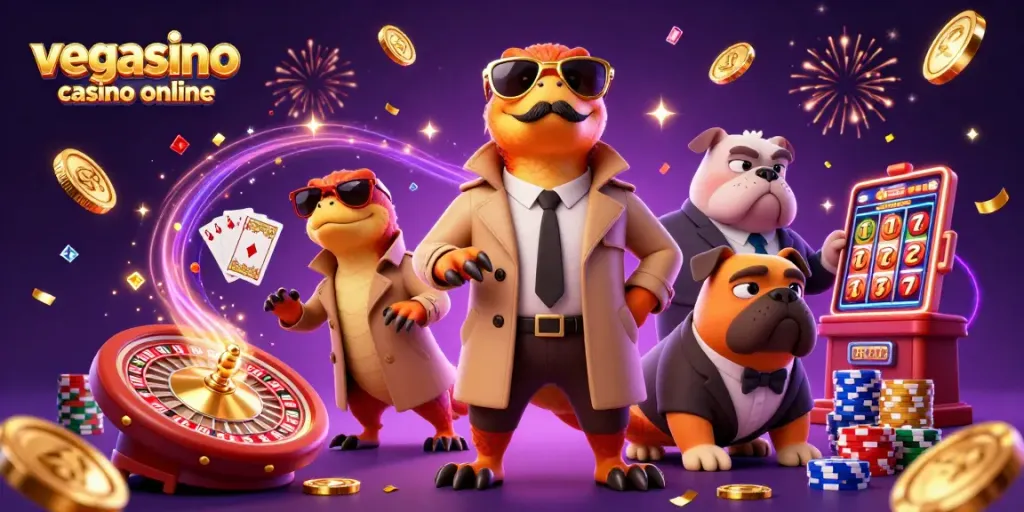 Experience thrilling gameplay and excitement at vegasino casino online in this vibrant 3D illustration.