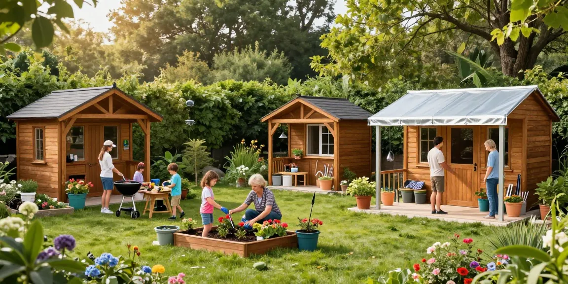 Hochwertige Gartenhäuser von McGarden24 im Garten, mit Menschen beim Pflanzen und Dekorieren, sonnige Atmosphäre.