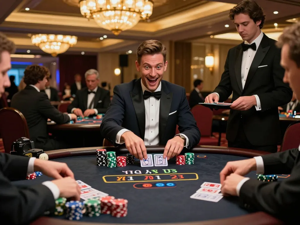 Experience link 789win excitement with a player at a blackjack table, surrounded by anticipation and colorful chips.