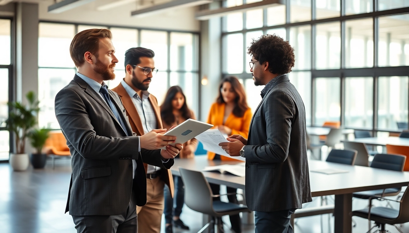 Headhunter Ingenieure beraten in einem modernen Büro mit verschiedenen Ingenieuren am Besprechungstisch.