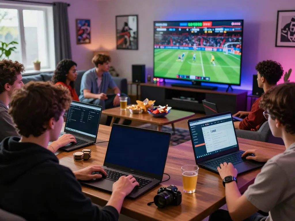 Enthusiastic players engaging with UK88's betting platform in a lively gaming lounge.