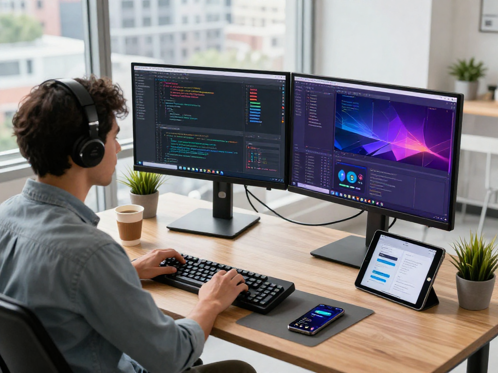 Focused developer coding at http://debet-app.com in a vibrant workspace with dual monitors and natural light.