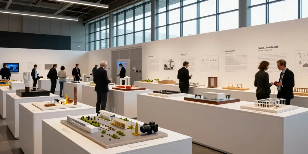 Messe- und Ausstellungsmodelle werden in einem modernen Ausstellungsraum bewundert, umgeben von interessierten Besuchern.