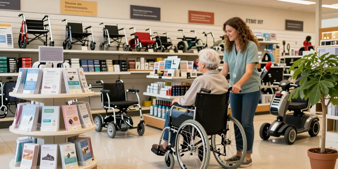 Buy nobility aids in a welcoming store environment with staff assisting elderly customers.