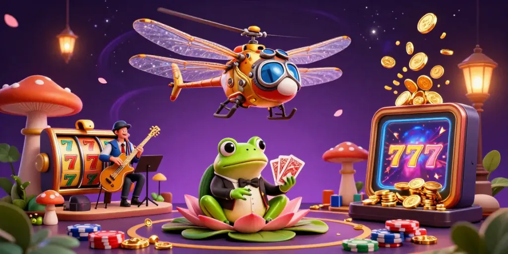 Produkte für Haustiere im spannenden Casino-Ambiente, wo der Frosch-Croupier Karten dealt.
