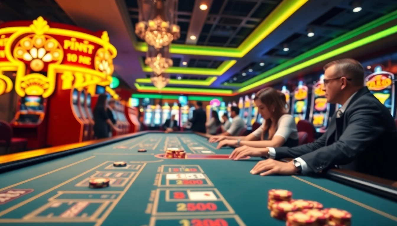 Beim casinospielen am Tisch mit lebhaften Spielern und Casino-Atmosphäre.
