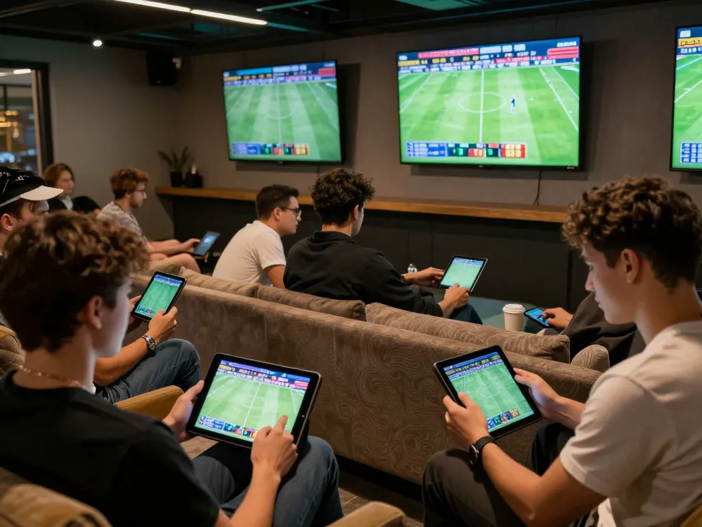 Tỷ lệ bóng đá kèo nhà cái helps bettors analyze live odds at a stylish sports betting lounge during exciting matches