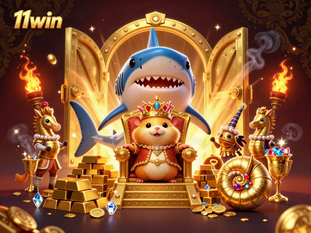 Experience the excitement of 11win with a fierce hamster king and treasure-filled scene.
