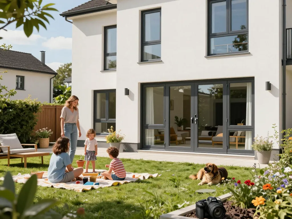 Schüco Fenster, die modernes Design in einem familienfreundlichen Zuhause präsentieren.
