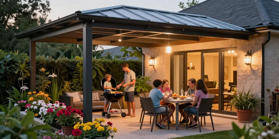Moderne Terrassenüberdachung mit Familie beim Grillen in gemütlicher Atmosphäre.