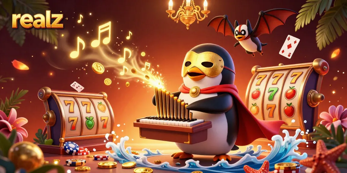 Engage in thrilling gameplay at realz with a 3D cartoon scene featuring casino elements and vibrant characters.