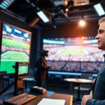 Dynamic sports broadcasting studio showcasing a live sports segment with vibrant graphics.