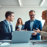 Headhunter IT consulting with clients in a modern office environment, emphasizing collaboration.