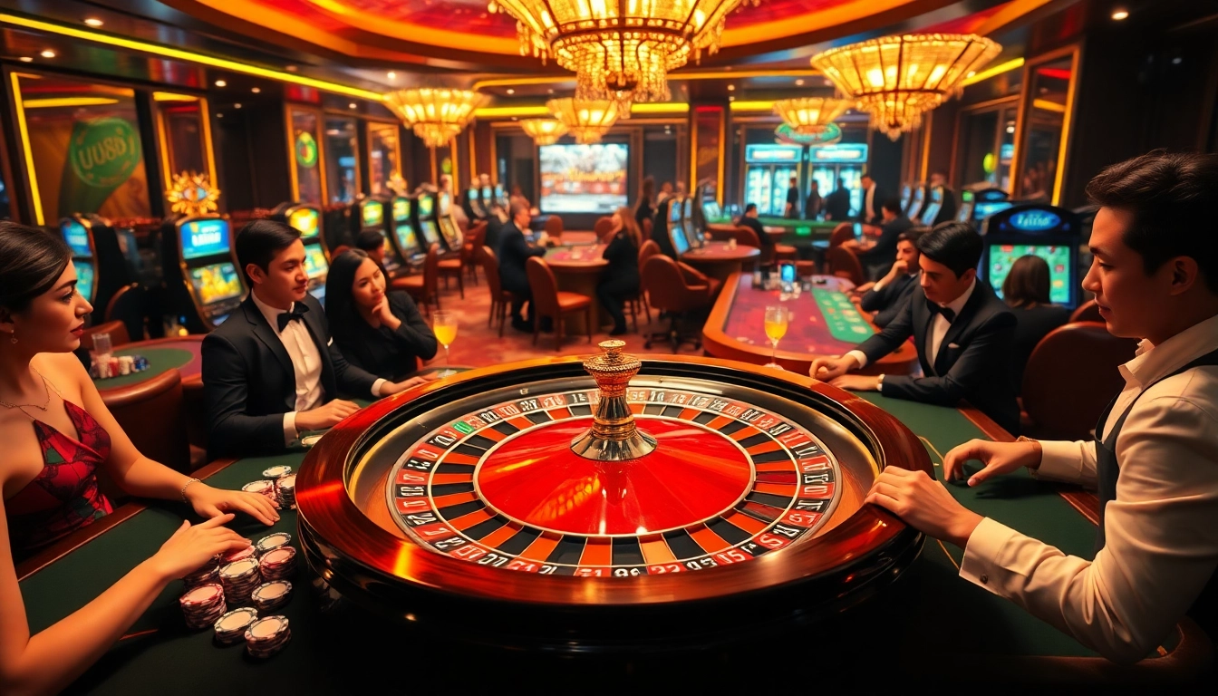 Experience the thrilling atmosphere of Trang chủ U888 with lively casino games and vibrant poker tables.