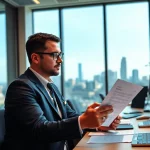 Headhunter Ingenieure evaluates resumes in a bright office with digital tools and a city view.