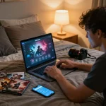 Engaging atmosphere of a player enjoying an online porn game in a cozy bedroom setting.