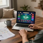 Engaging in game tài xỉu online at a cozy home setup with laptop, notes, and warm lighting.