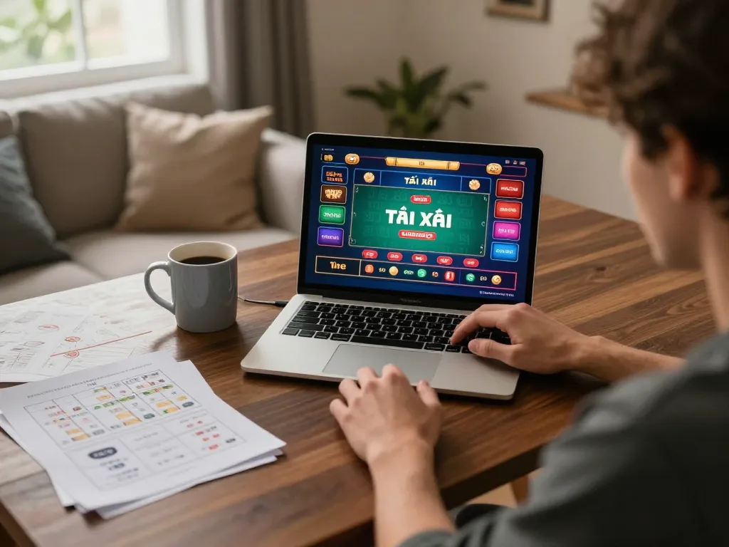 Engaging in game tài xỉu online at a cozy home setup with laptop, notes, and warm lighting.