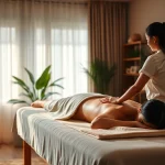 차분한 분위기의 환경에서 젊은 전문 치료사가 편안한 가정 마사지로 휴식을 취하는 고객을 돕는 평택출장마사지.