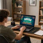Engaging in a blackjack game on https://lc88.it.com/ from a stylish home setup, showcasing strategy notes and game graphics.