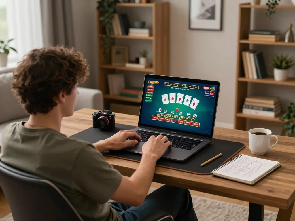 Engaging in a blackjack game on https://lc88.it.com/ from a stylish home setup, showcasing strategy notes and game graphics.