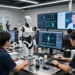 Engineers collaborating on a futuristic sex bot prototype in a robotics lab, showcasing advanced AI technology.