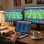 Engaging user at https://tr88.bio/ betting on live sports using laptop in cozy home office setting.