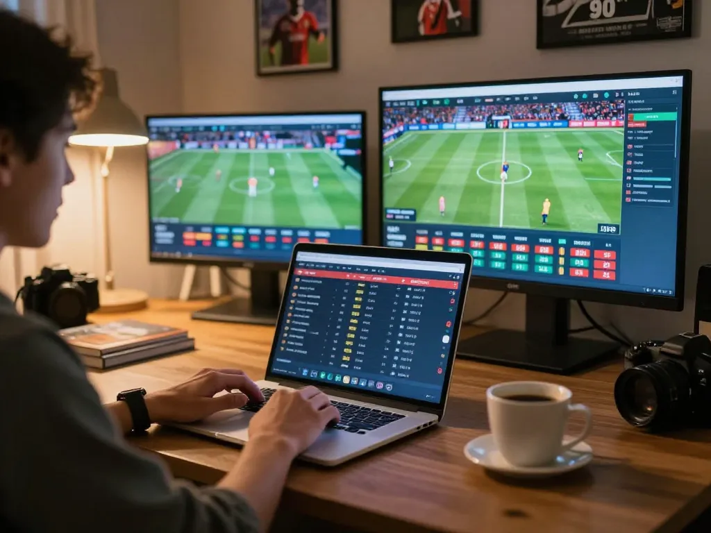 Engaging user at https://tr88.bio/ betting on live sports using laptop in cozy home office setting.