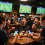 Engaging patrons excitedly participating in keo nha cai sports betting during live matches at a vibrant sports bar.
