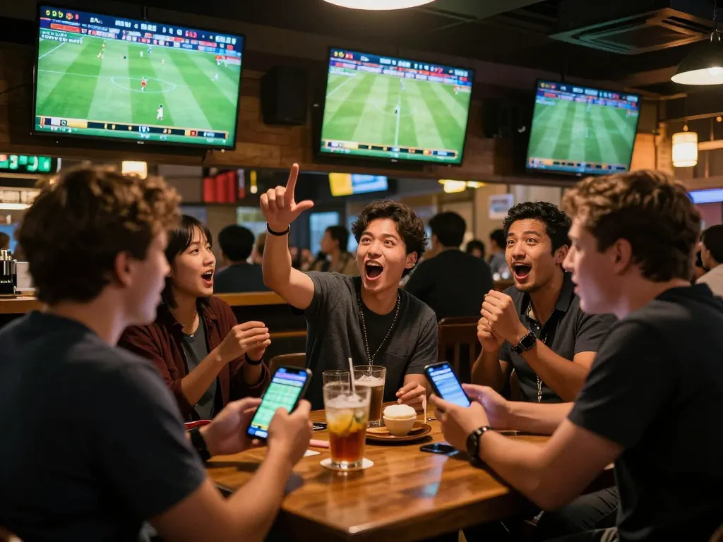 Engaging patrons excitedly participating in keo nha cai sports betting during live matches at a vibrant sports bar.