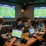 Engaging Judi Bola online betting scene with diverse players in a vibrant sports bar.