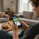 Pengguna SBOBET88 terlibat dalam taruhan olahraga di aplikasi mobile di rumah, menggambarkan strategi permainan online.