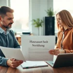 Hausverkauf bei Scheidung: couple discussing real estate documents in an office.