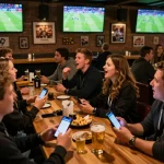 go8 sports betting excitement at a lively bar with fans engaging through betting apps