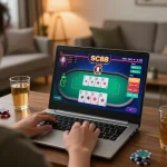 Engaged player enjoying SC88 online poker game on laptop, strategic gameplay highlighted.