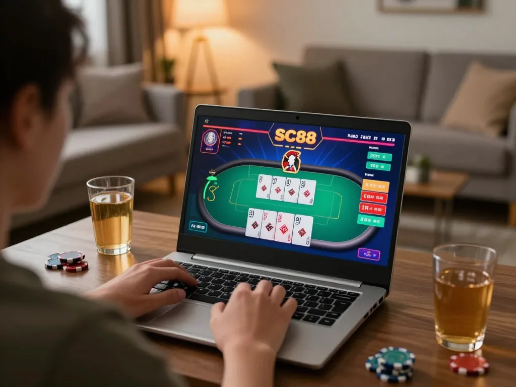 Engaged player enjoying SC88 online poker game on laptop, strategic gameplay highlighted.