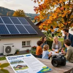 Familie diskutiert über die Photovoltaik Bayern Installation in einem malerischen bayerischen Garten.