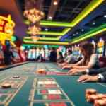 Beim casinospielen am Tisch mit lebhaften Spielern und Casino-Atmosphäre.