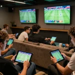 Tỷ lệ bóng đá kèo nhà cái helps bettors analyze live odds at a stylish sports betting lounge during exciting matches