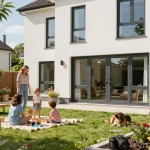 Schüco Fenster, die modernes Design in einem familienfreundlichen Zuhause präsentieren.