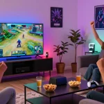 Friends enjoying gaming on GEMWIN platform displaying excitement and snacks in a cozy living room