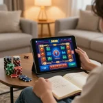 Person using DN88 app for online gambling while following strategic notes on chips and games.