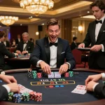 Experience link 789win excitement with a player at a blackjack table, surrounded by anticipation and colorful chips.
