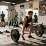 Anabolikashop: Sportler beim Deadlifting im Fitnessstudio, umgeben von Trainingsgeräten und motivierenden Postern.
