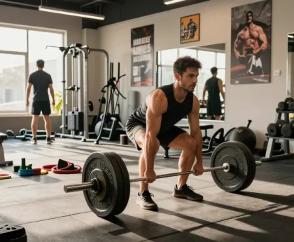 Anabolikashop: Sportler beim Deadlifting im Fitnessstudio, umgeben von Trainingsgeräten und motivierenden Postern.